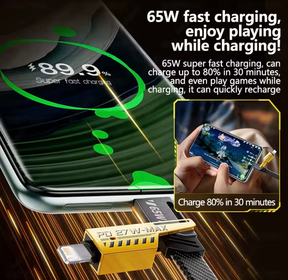 4in1 Type C to Type C 65W Mecha Style Fast Charging Cable for iPhone Samsung Xiaomi Redmi POCO OnePlus USB A to USB C Data Cord