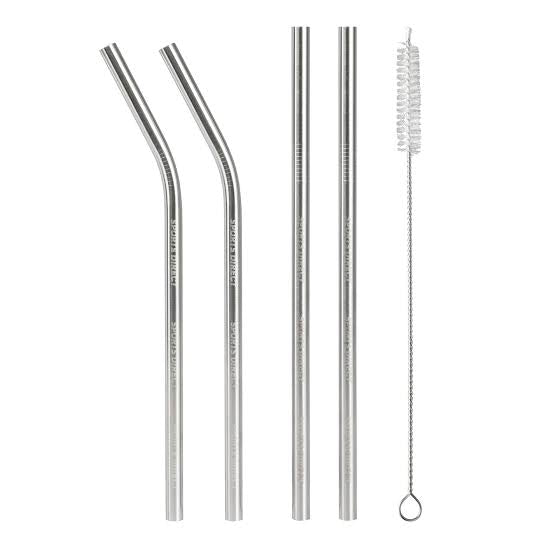WL Stainless Steel Reusable Eco-Friendly Straws Curve & Straight (4 Piece)