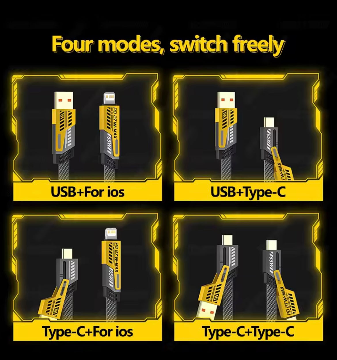4in1 Type C to Type C 65W Mecha Style Fast Charging Cable for iPhone Samsung Xiaomi Redmi POCO OnePlus USB A to USB C Data Cord