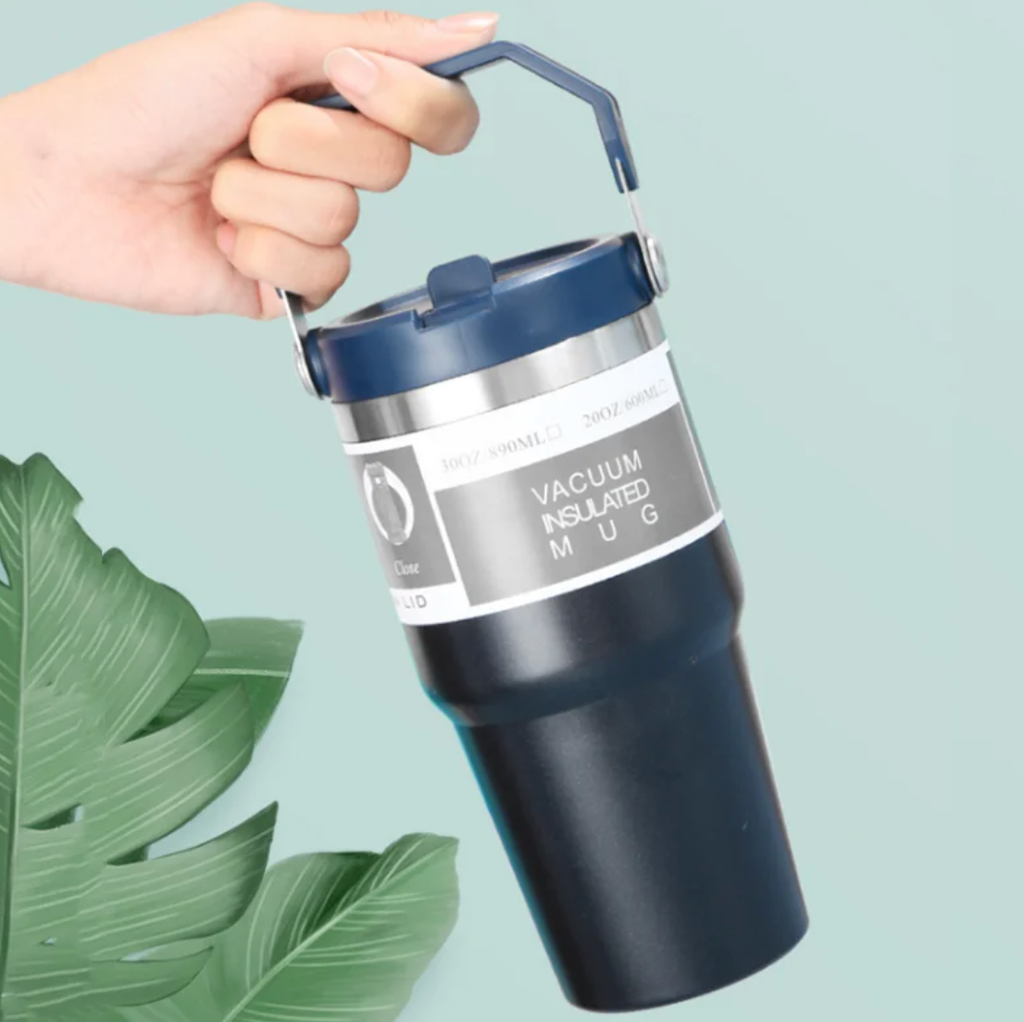 890ml Thermal Insulated Travel Mug with Carry Handle and Straw